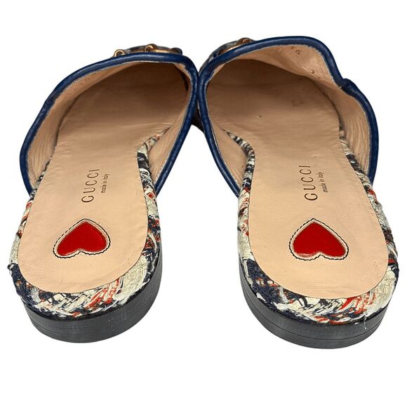 Gucci Princetown Tweed Horsebit Mules Navy Blue Red Logo Loafers EU 36 US 6 - Picture 5 of 8